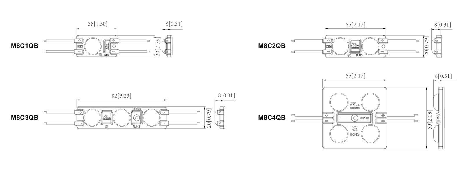 Maße und Modulabstand Technische Zeichnung BL-MO-M8C-Serie