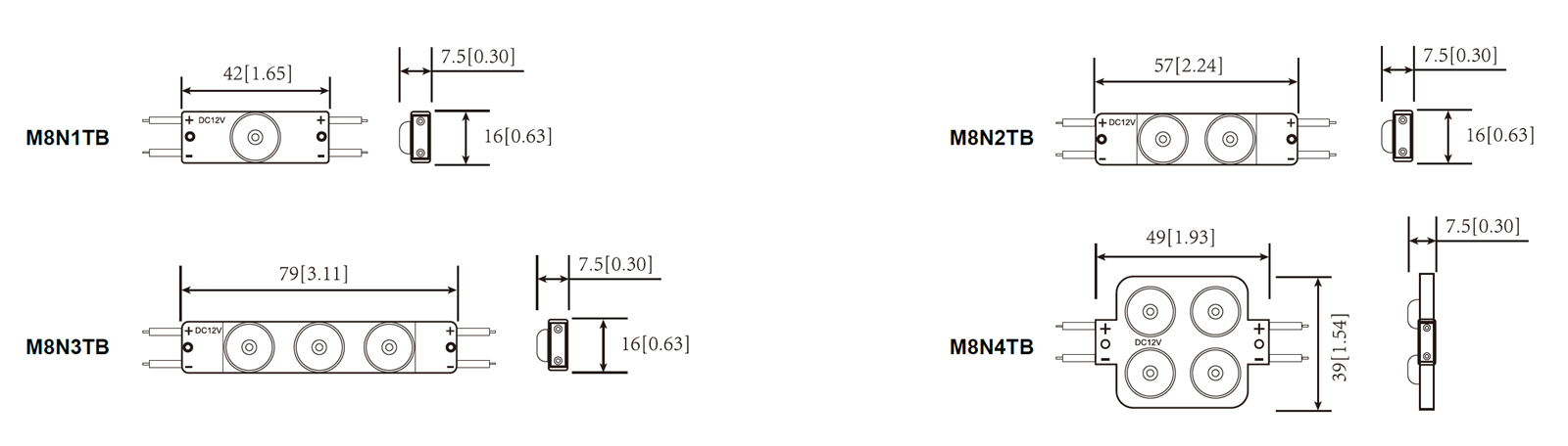 Maße und Modulabstand Technische Zeichnung BL-MO-M8N-Serie