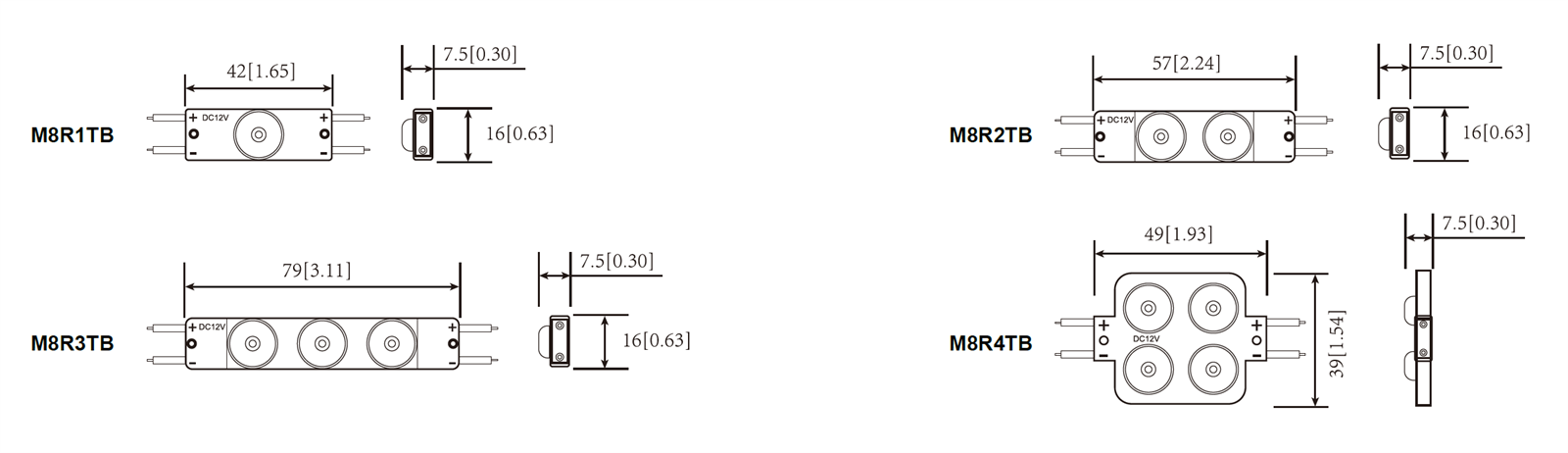 Maße und Modulabstand Technische Zeichnung BL-MO-M8R-Serie